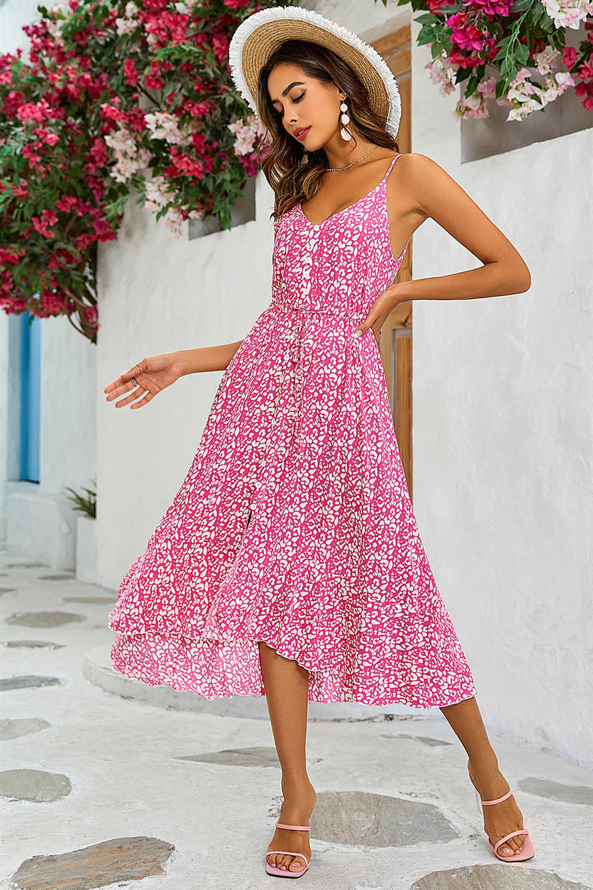 Leopard Print Button Down High Low Strappy Dress In Fuchsia Pink - AXON