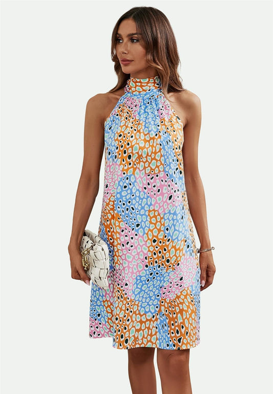 Leopard Print Halter Neck Tie Back Mini Dress In Pink & Blue & Yellow - AXON