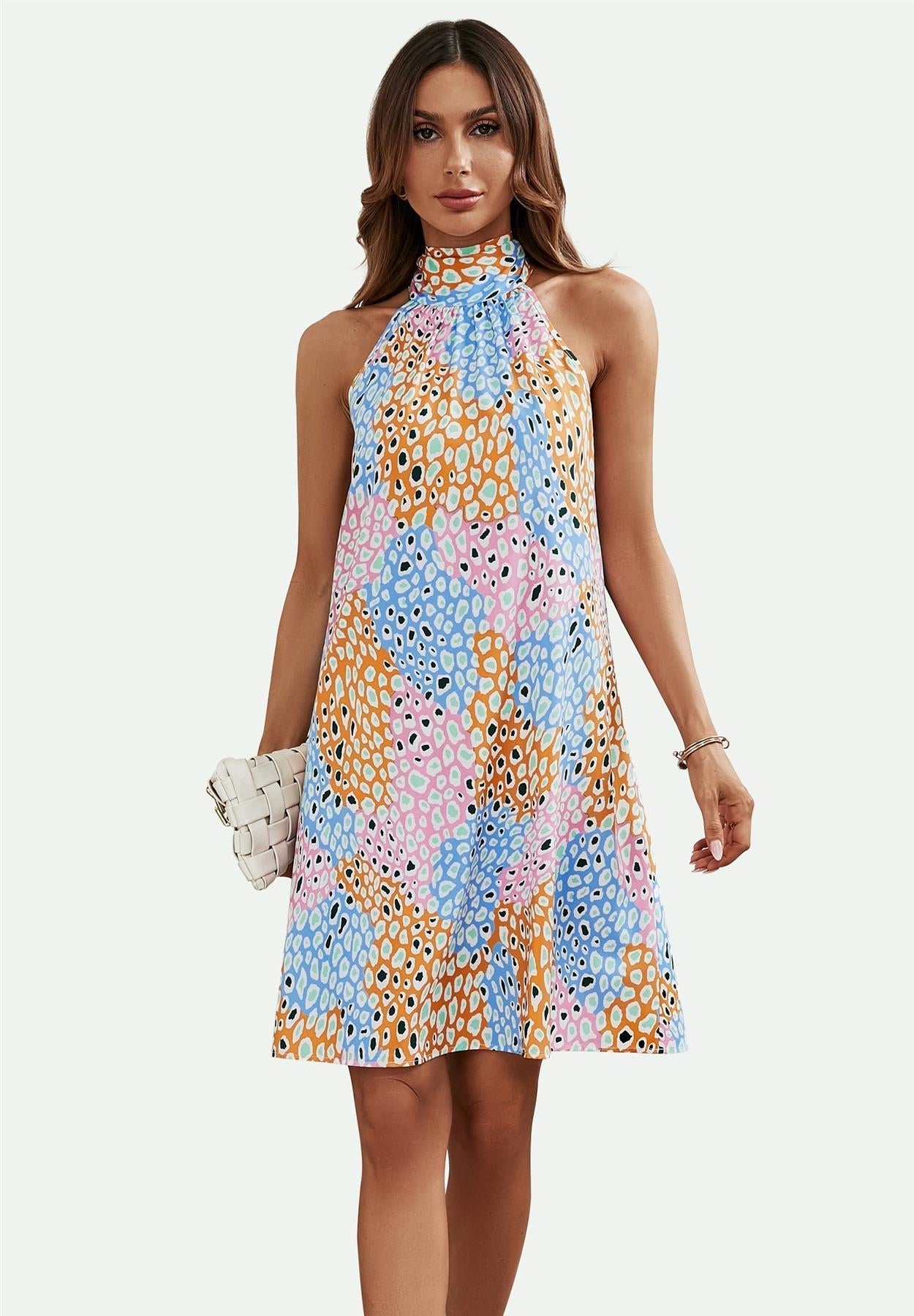 Leopard Print Halter Neck Tie Back Mini Dress In Pink & Blue & Yellow - AXON
