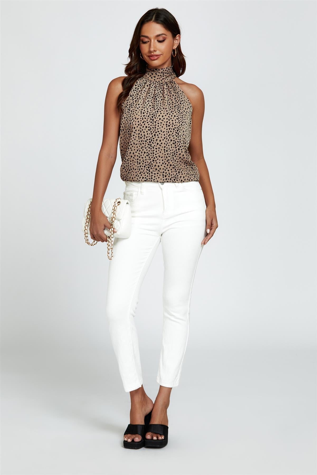 Leopard Print Halter Neck Tie Back Top In Beige - AXON
