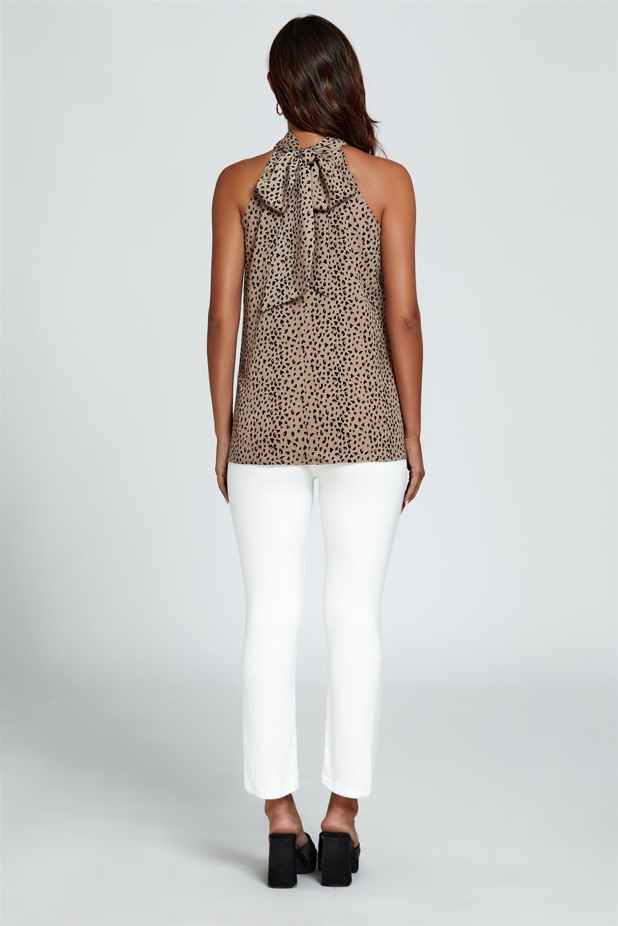 Leopard Print Halter Neck Tie Back Top In Beige - AXON