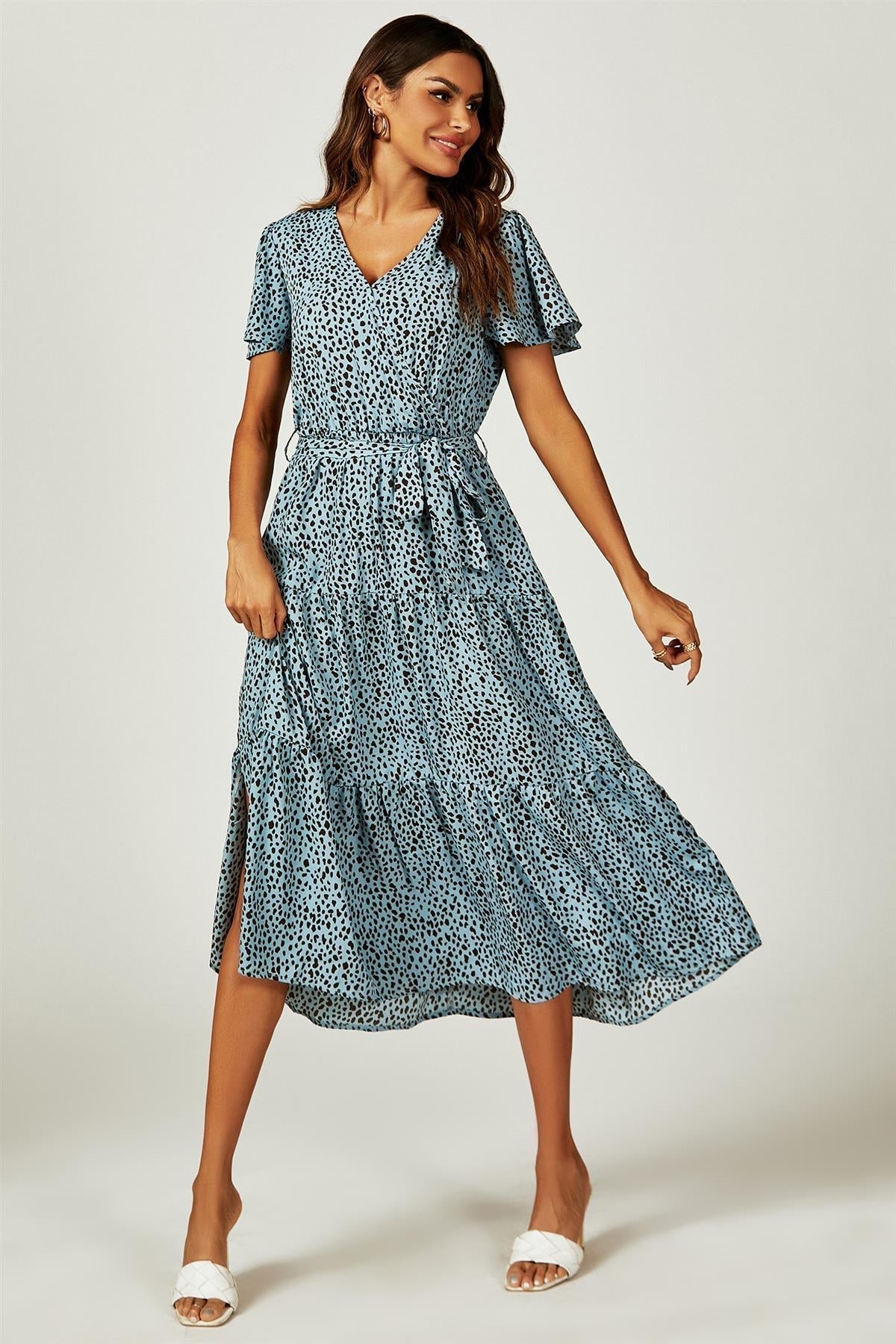 Leopard Print Hem Tiered Wrap Midi Dress In Blue - AXON