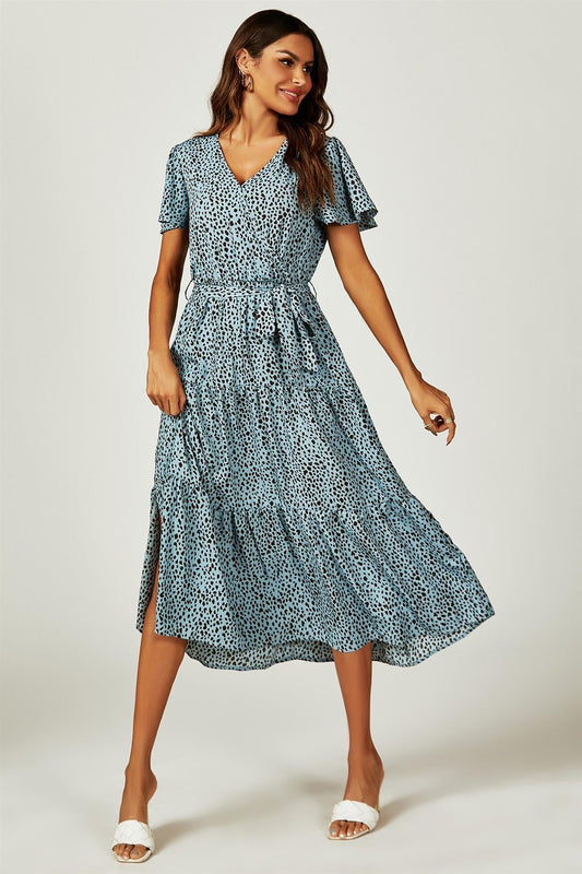 Leopard Print Hem Tiered Wrap Midi Dress In Blue - AXON
