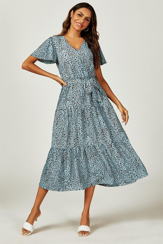 Leopard Print Hem Tiered Wrap Midi Dress In Blue - AXON