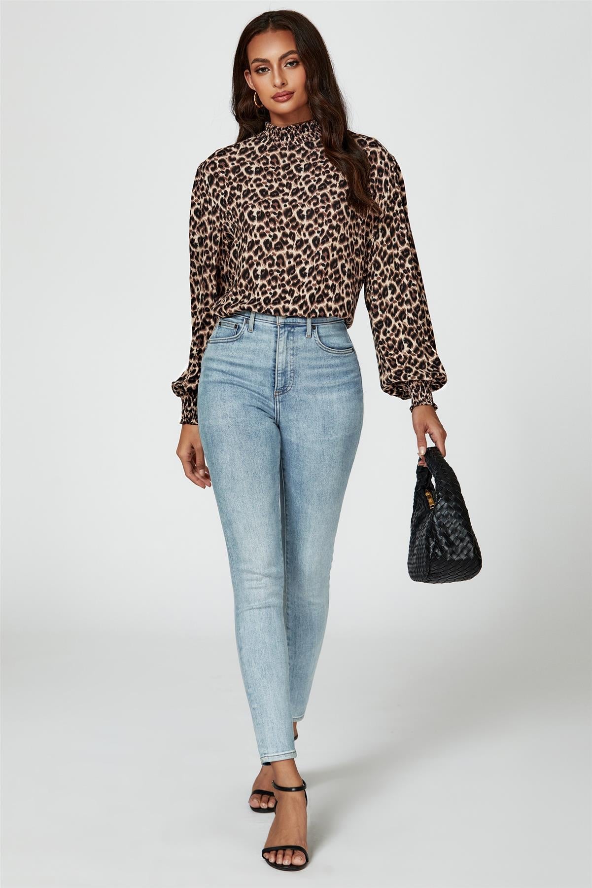 Leopard Print Long Sleeve High Neck Blouse In Brown - AXON