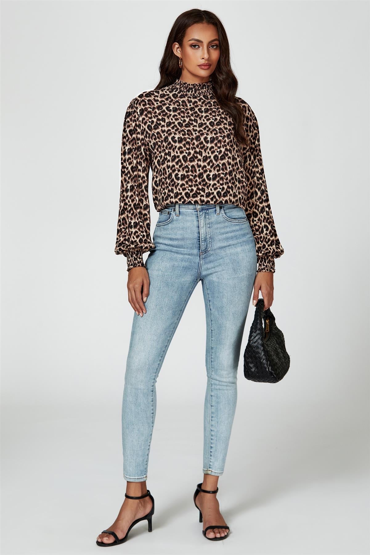 Leopard Print Long Sleeve High Neck Blouse In Brown - AXON