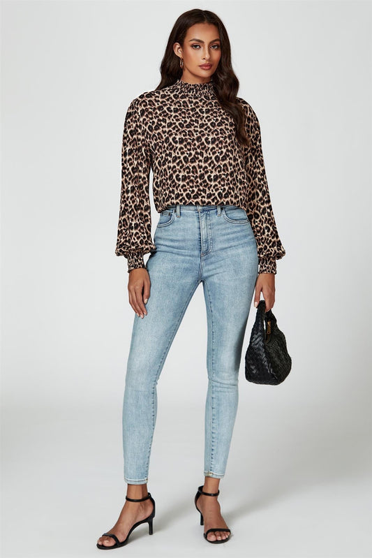 Leopard Print Long Sleeve High Neck Blouse In Brown - AXON