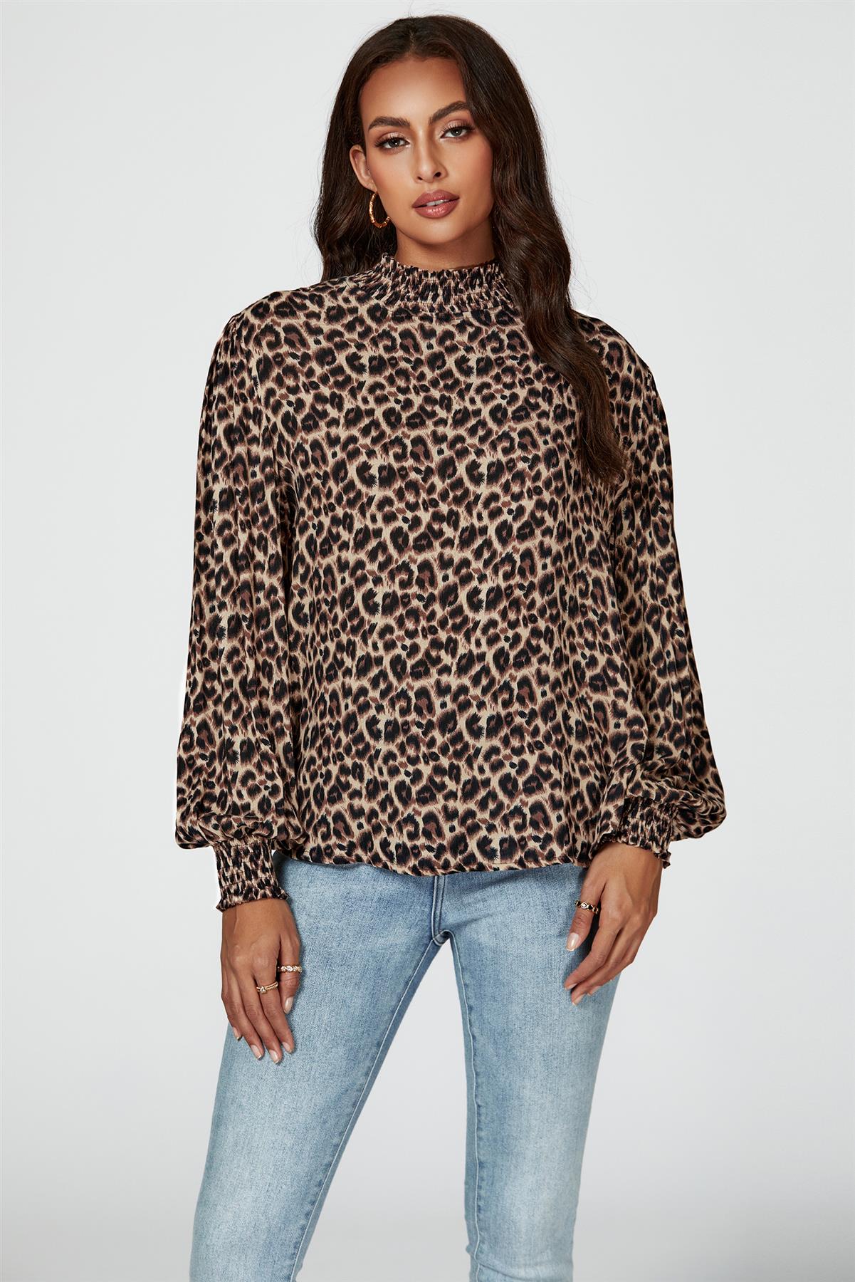 Leopard Print Long Sleeve High Neck Blouse In Brown - AXON