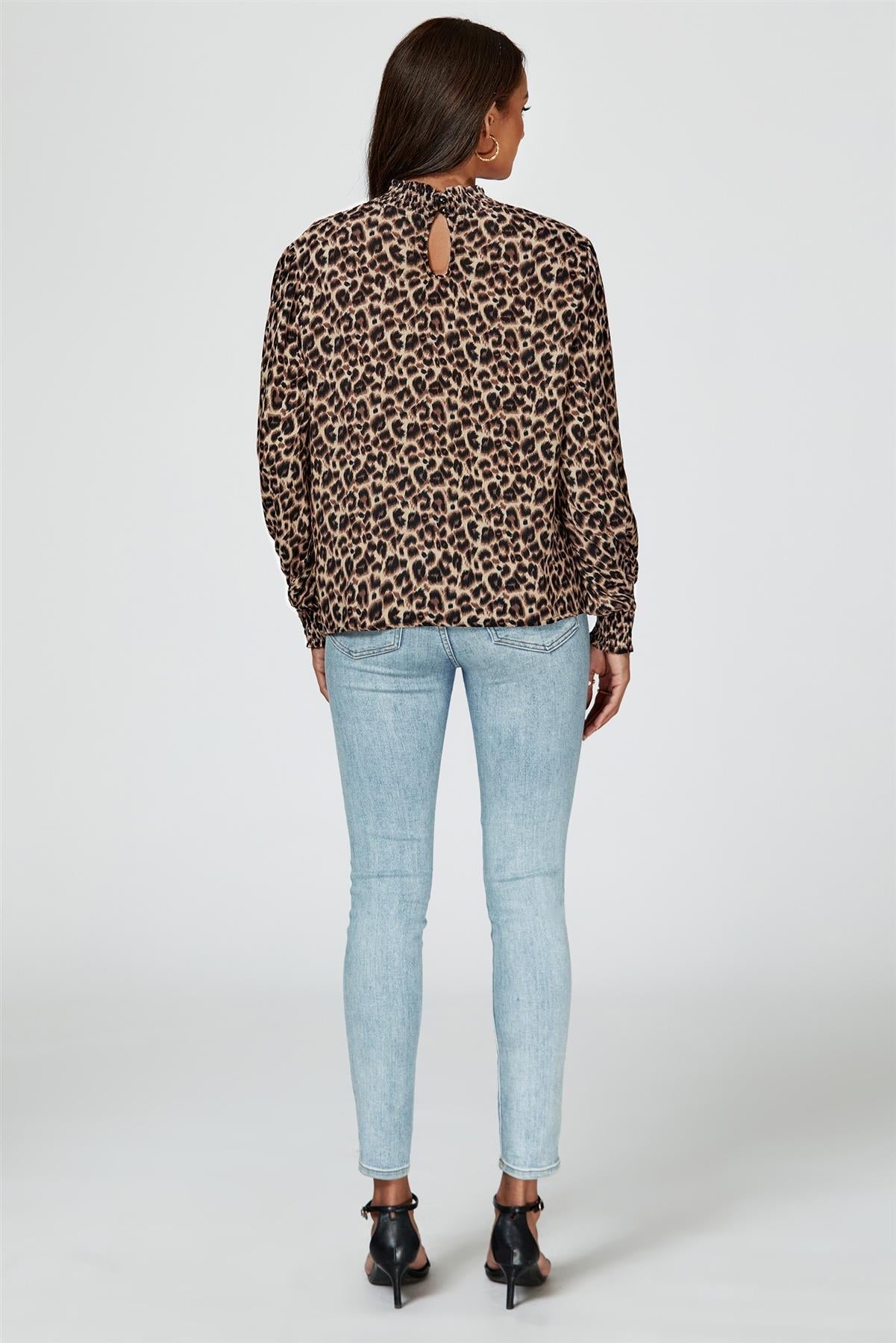 Leopard Print Long Sleeve High Neck Blouse In Brown - AXON