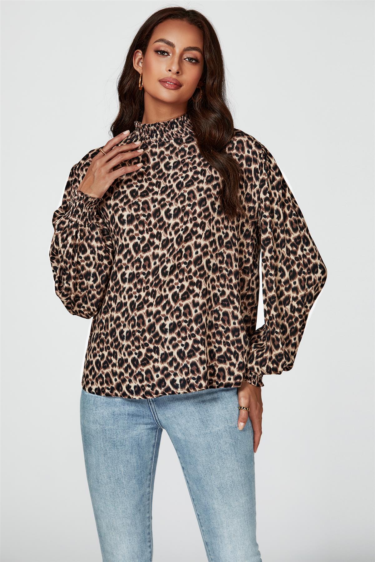 Leopard Print Long Sleeve High Neck Blouse In Brown - AXON