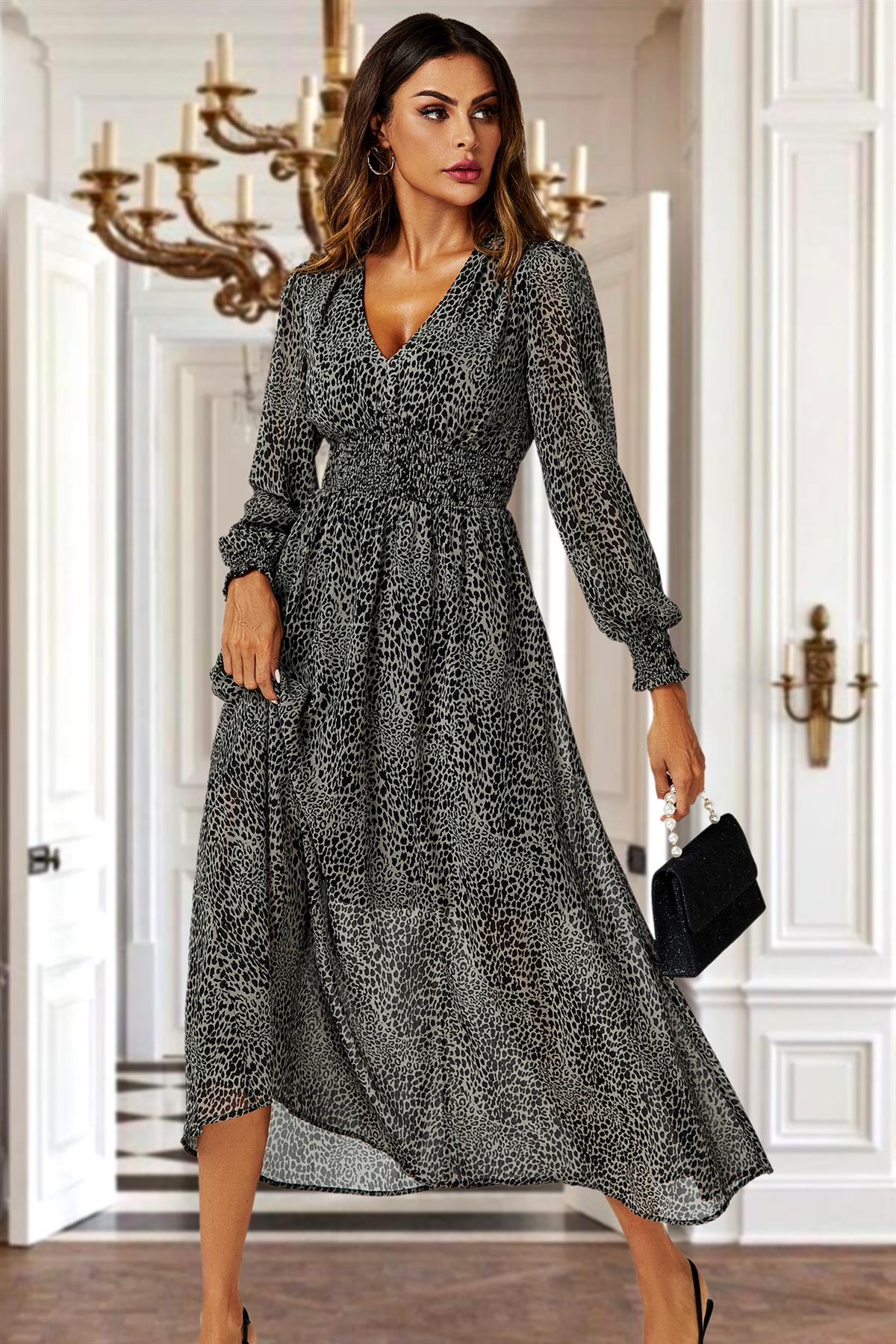 Leopard Print Long Sleeve Maxi Dress In Grey - AXON