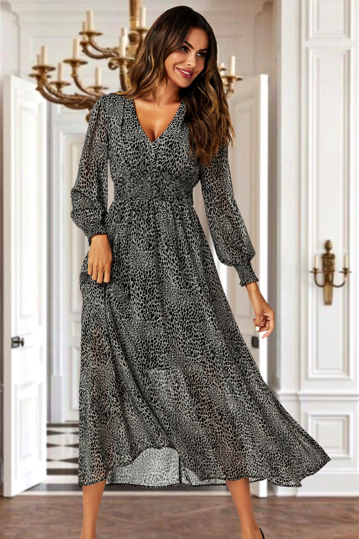 Leopard Print Long Sleeve Maxi Dress In Grey - AXON