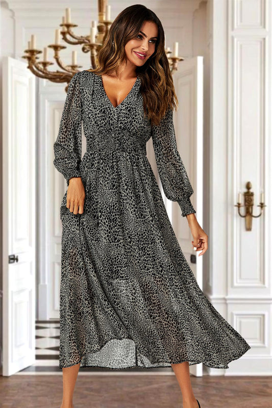 Leopard Print Long Sleeve Maxi Dress In Grey - AXON