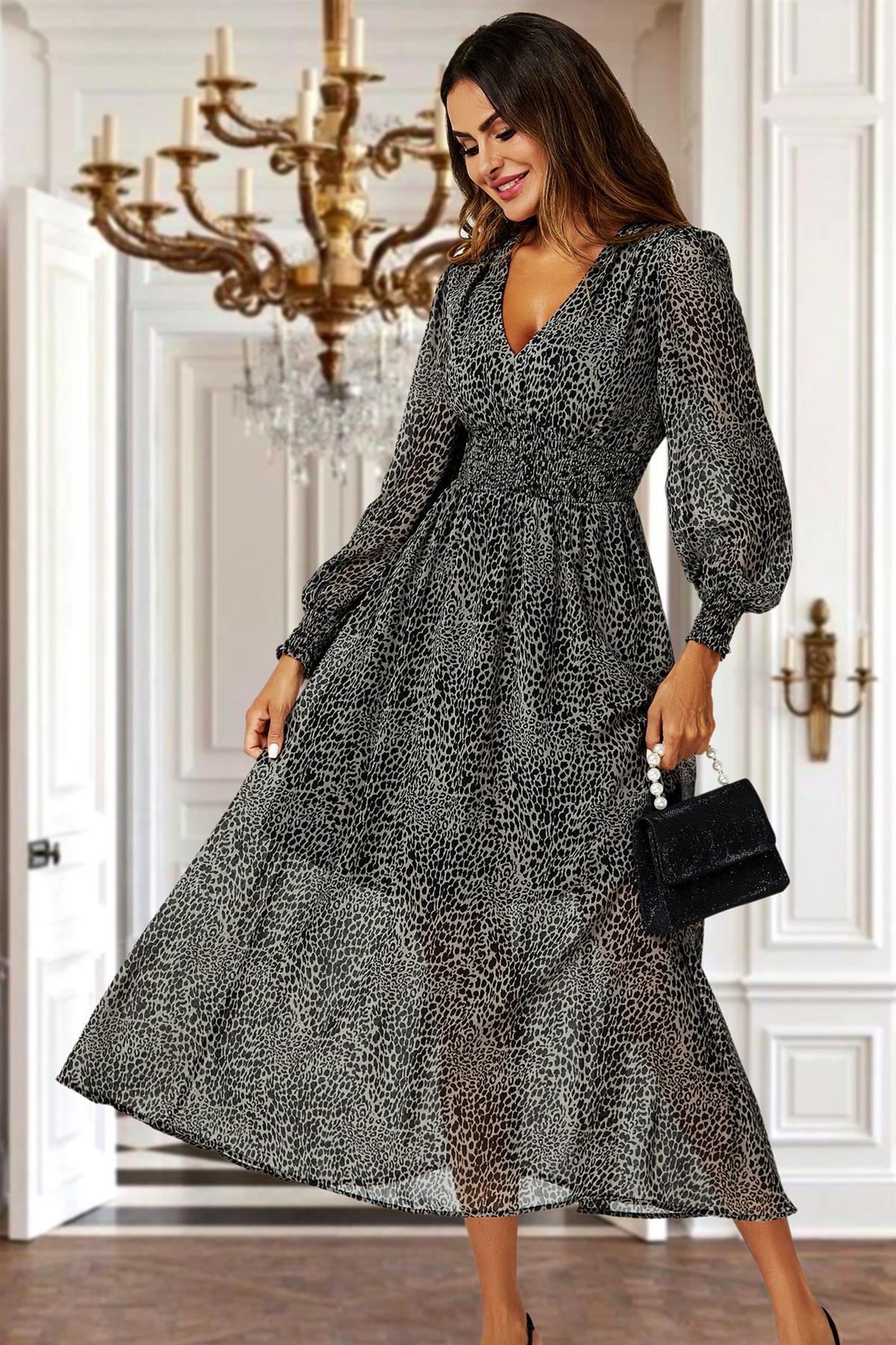 Leopard Print Long Sleeve Maxi Dress In Grey - AXON