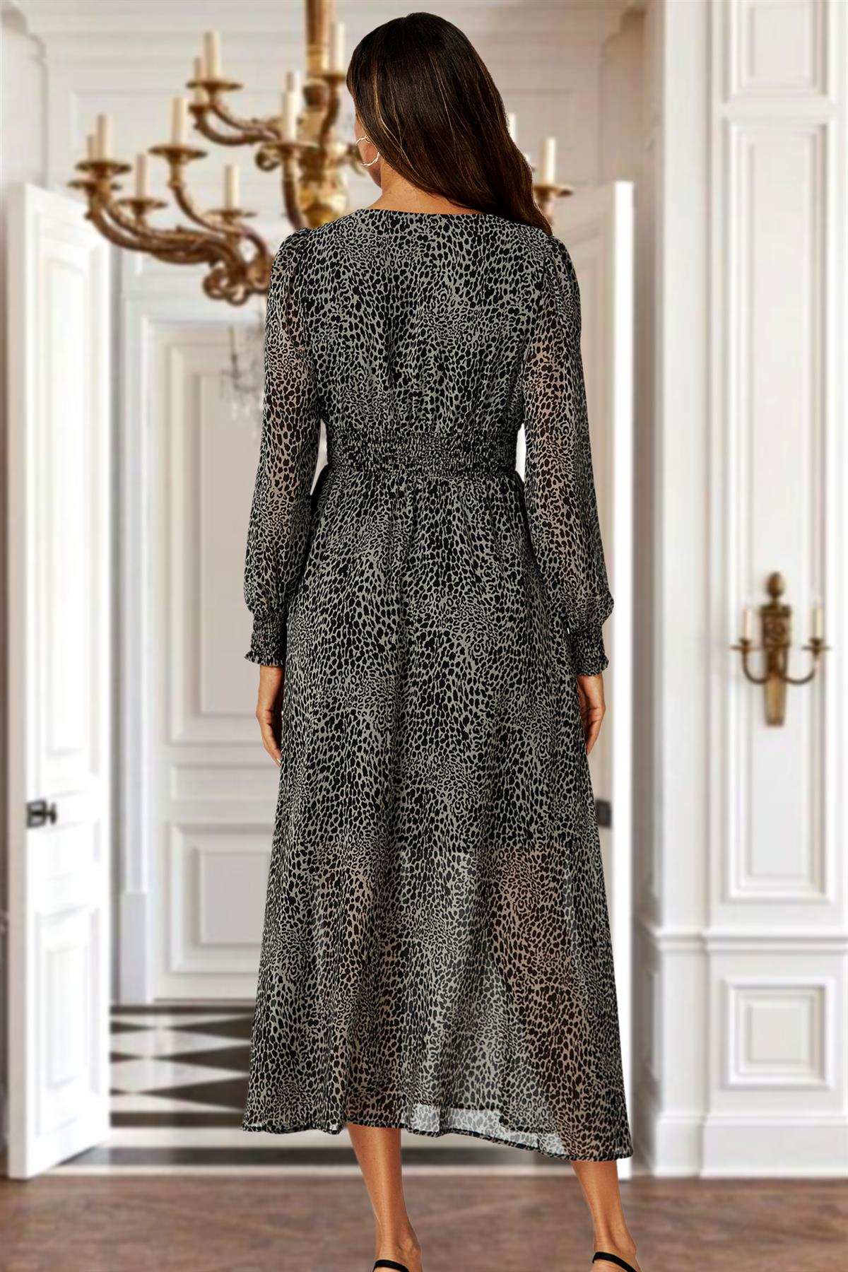 Leopard Print Long Sleeve Maxi Dress In Grey - AXON