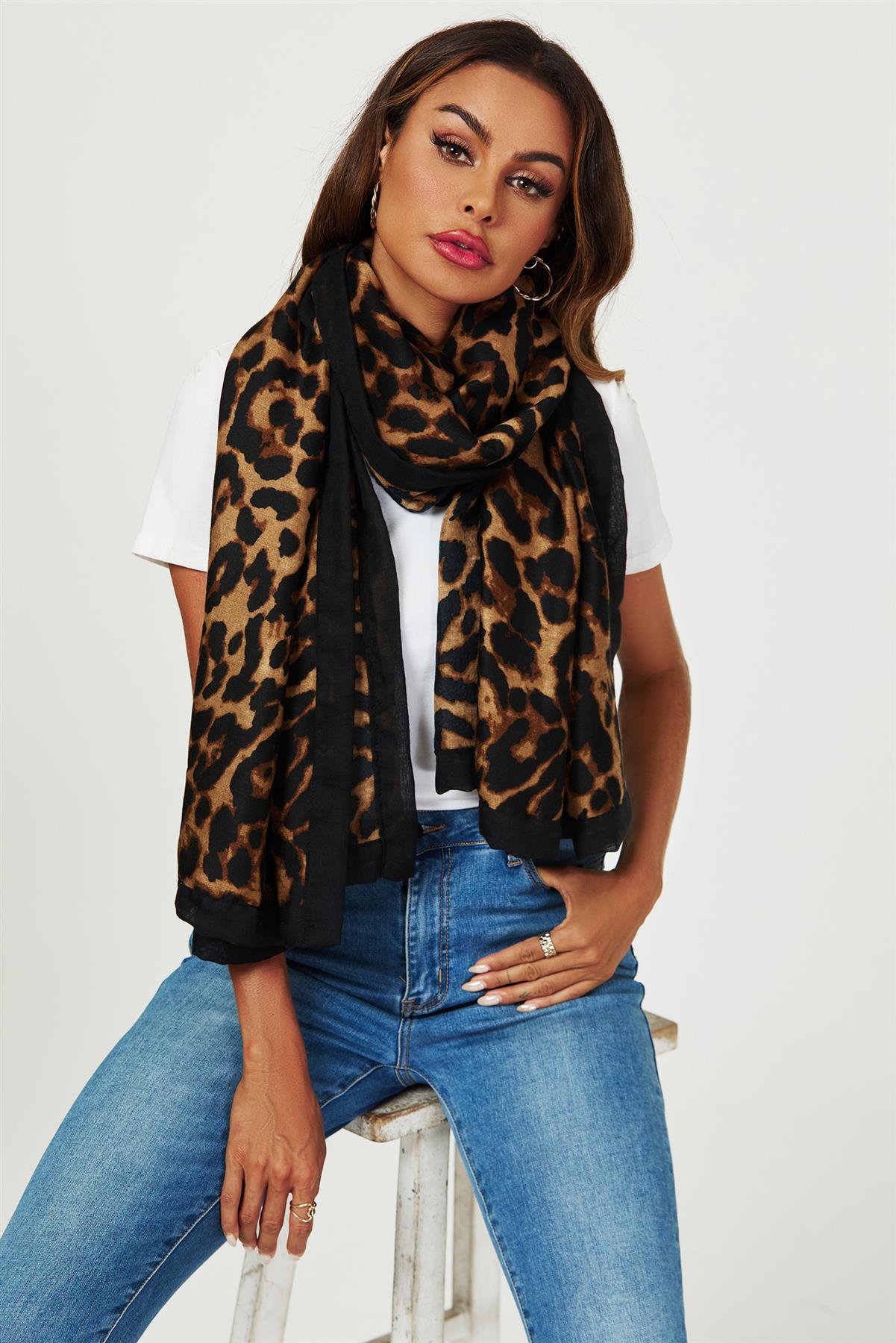Leopard Print Scarf In Brown & Black - AXON