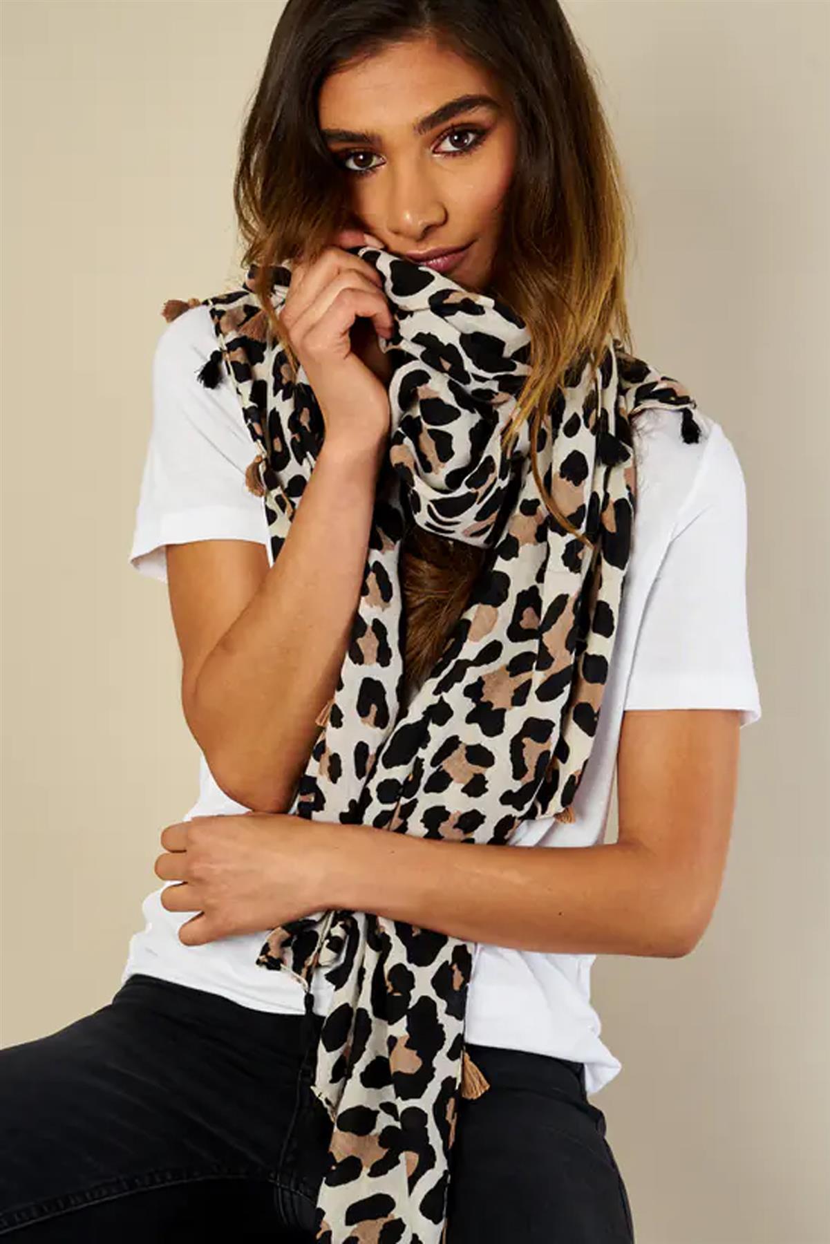 Leopard Print Tassel Scarf In Beige - AXON