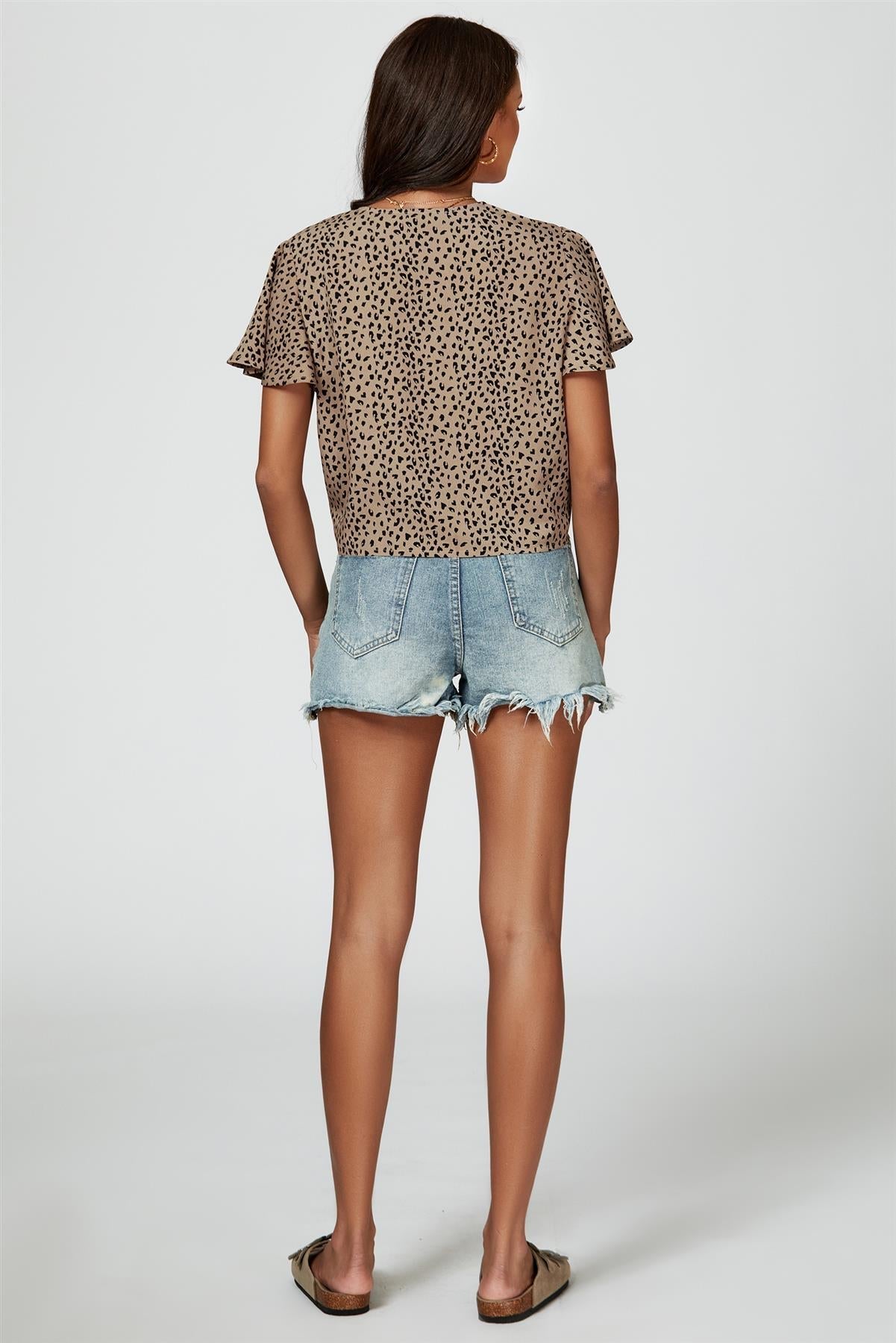 Leopard Print Tie Knot Front Buttoned Crop Top In Beige - AXON