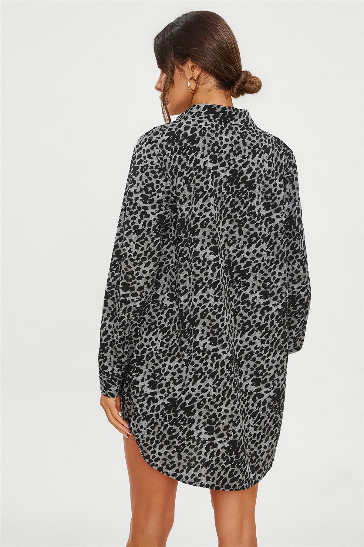 Leopard Print Tunic Shirt In Grey Blue - AXON