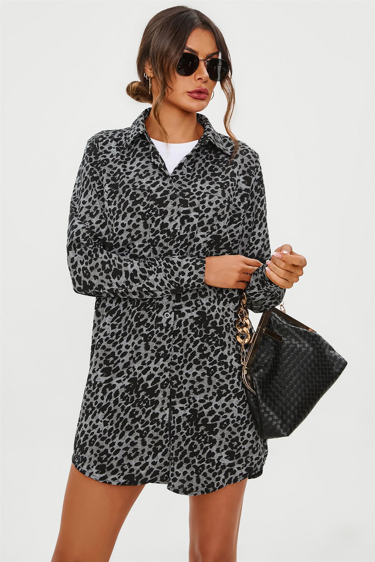 Leopard Print Tunic Shirt In Grey Blue - AXON