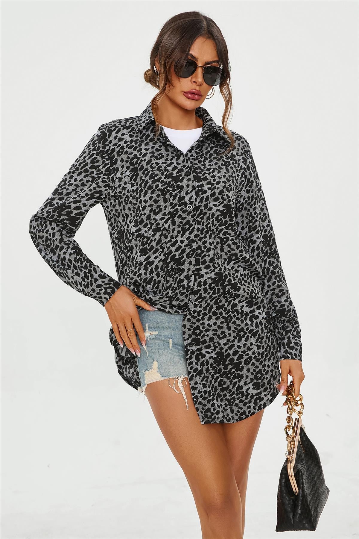 Leopard Print Tunic Shirt In Grey Blue - AXON