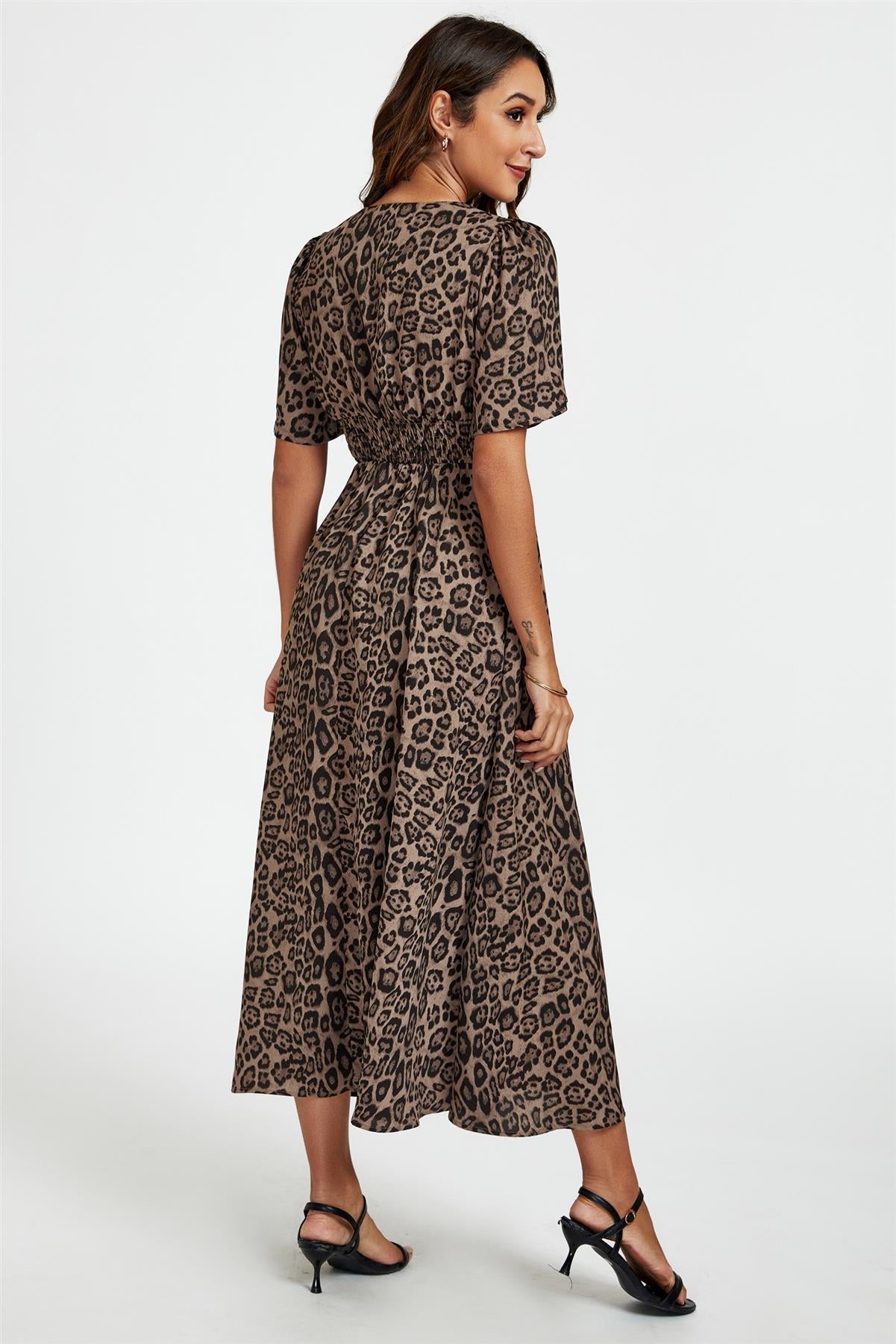 Leopard Print V Neck Midi Dress In Brown - AXON