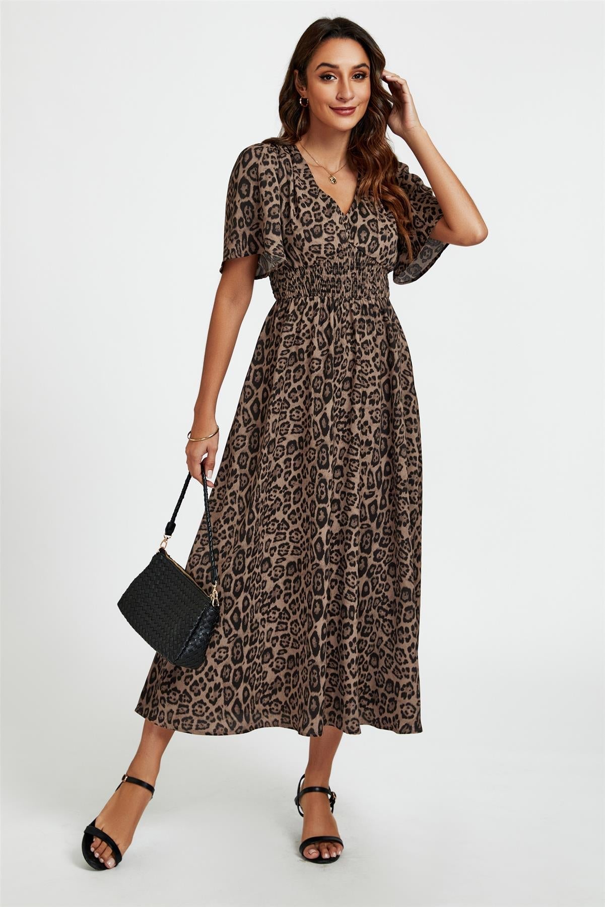 Leopard Print V Neck Midi Dress In Brown - AXON