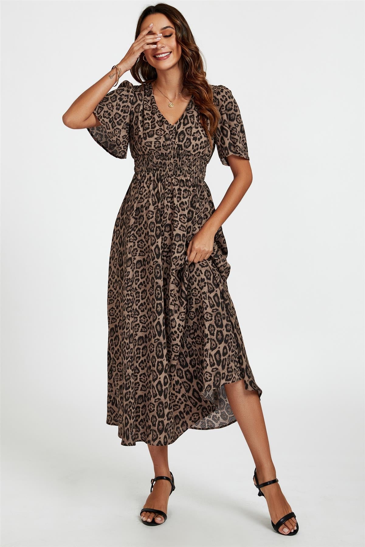 Leopard Print V Neck Midi Dress In Brown - AXON