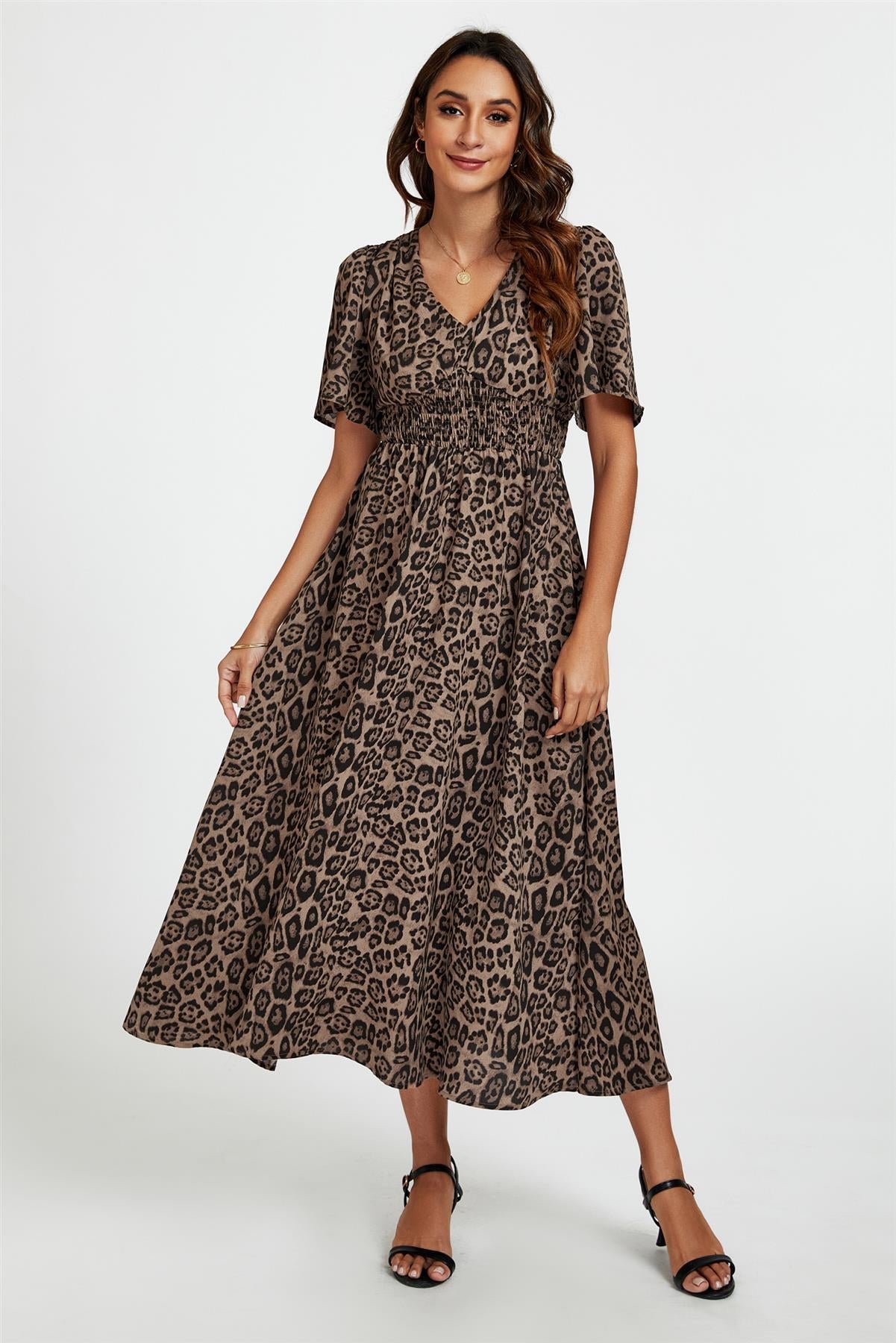 Leopard Print V Neck Midi Dress In Brown - AXON