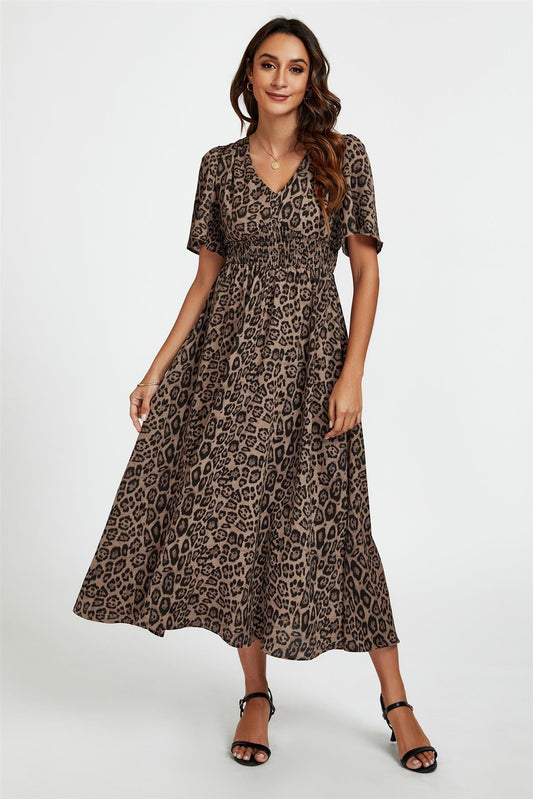 Leopard Print V Neck Midi Dress In Brown - AXON
