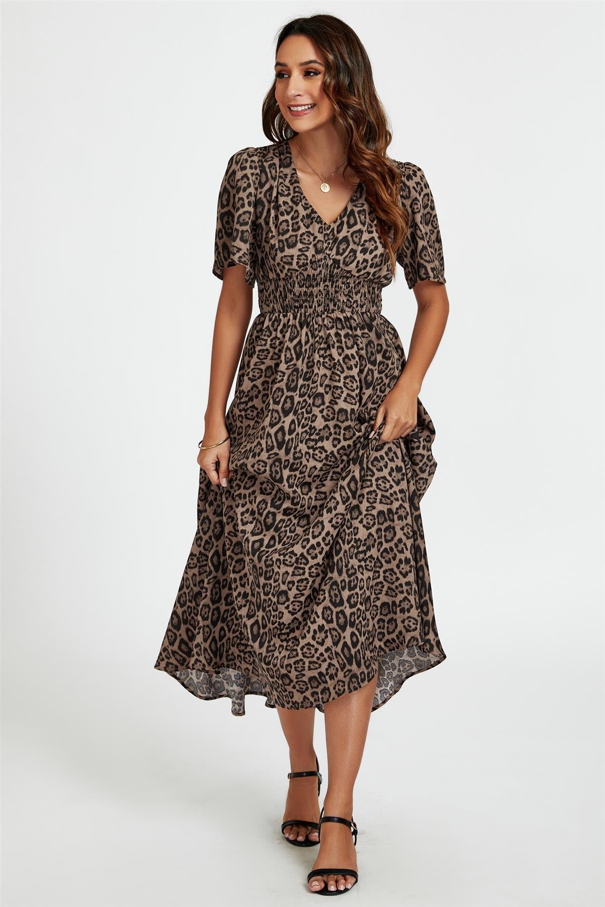 Leopard Print V Neck Midi Dress In Brown - AXON