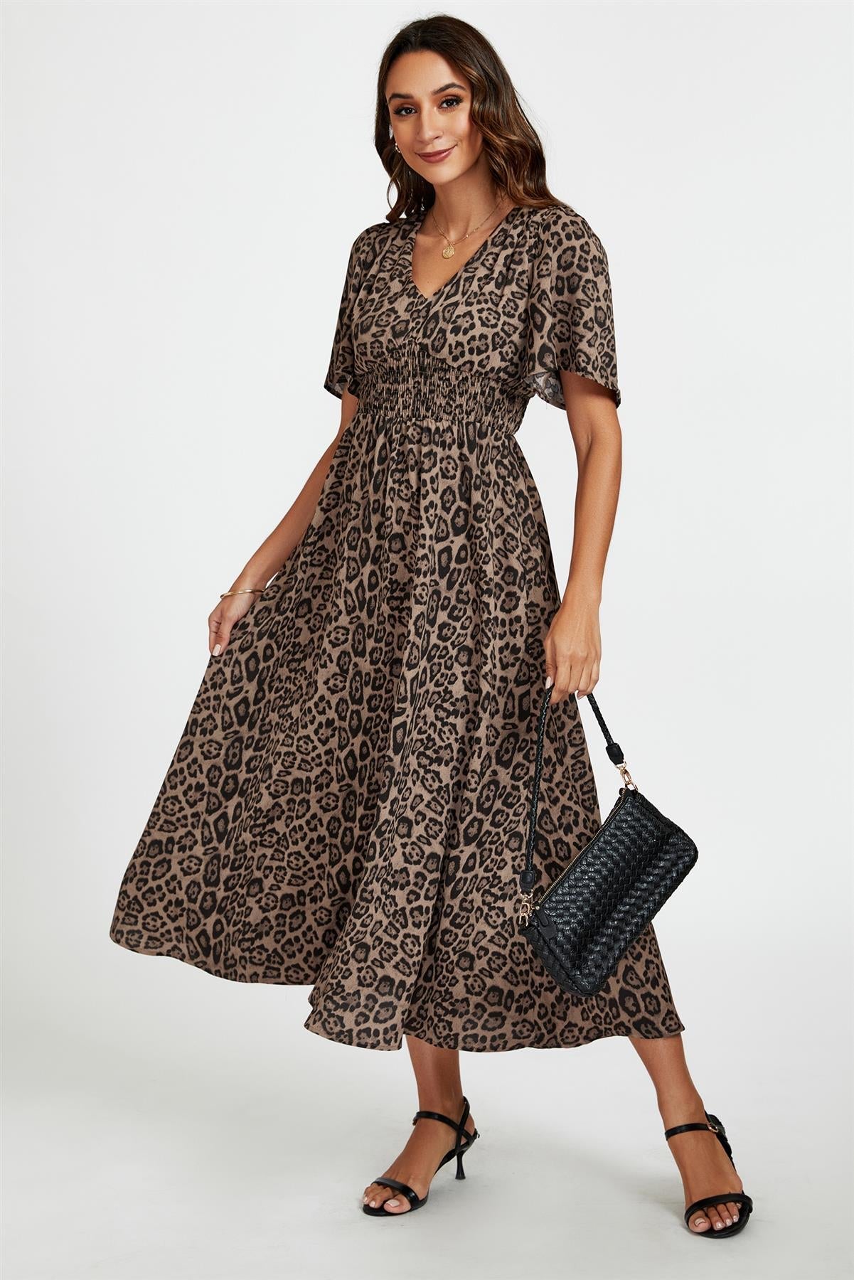 Leopard Print V Neck Midi Dress In Brown - AXON
