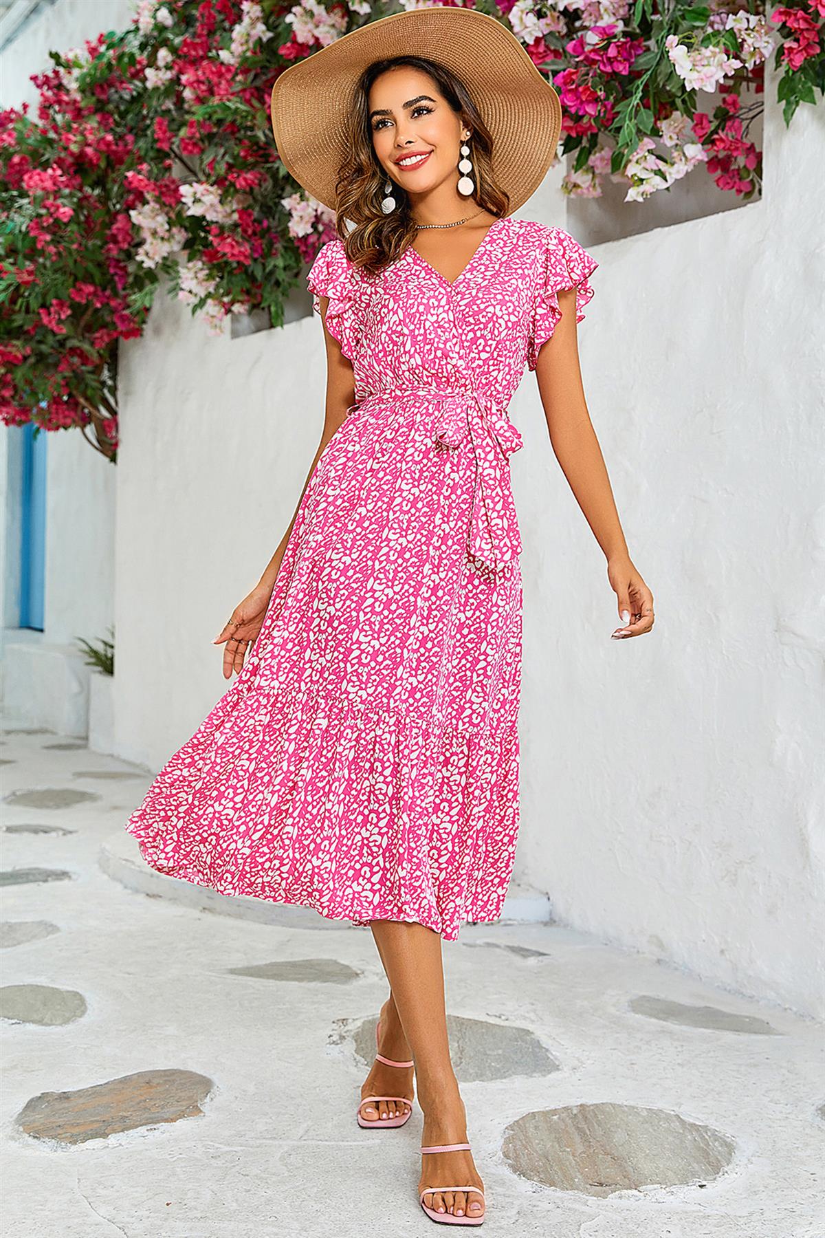 Leopard Print Wrap Dress In Fuchsia Pink - AXON