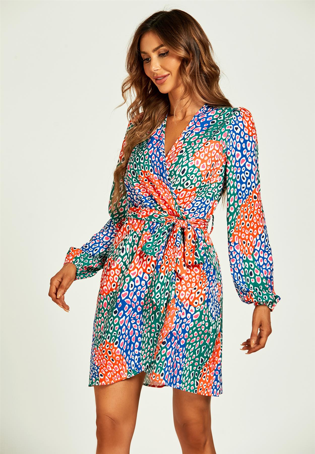 Leopard Print Wrap Mini Dress In Blue - AXON