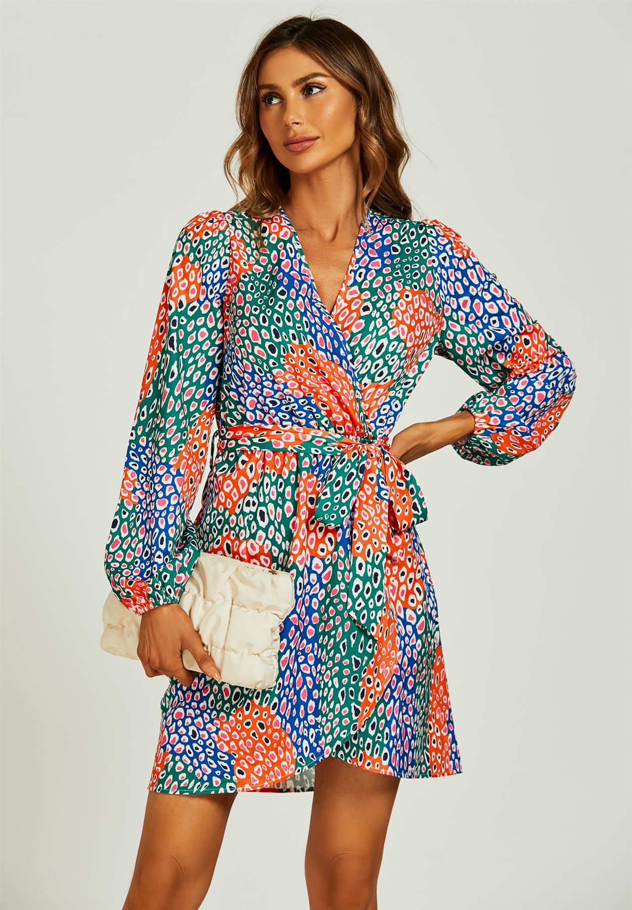 Leopard Print Wrap Mini Dress In Blue - AXON