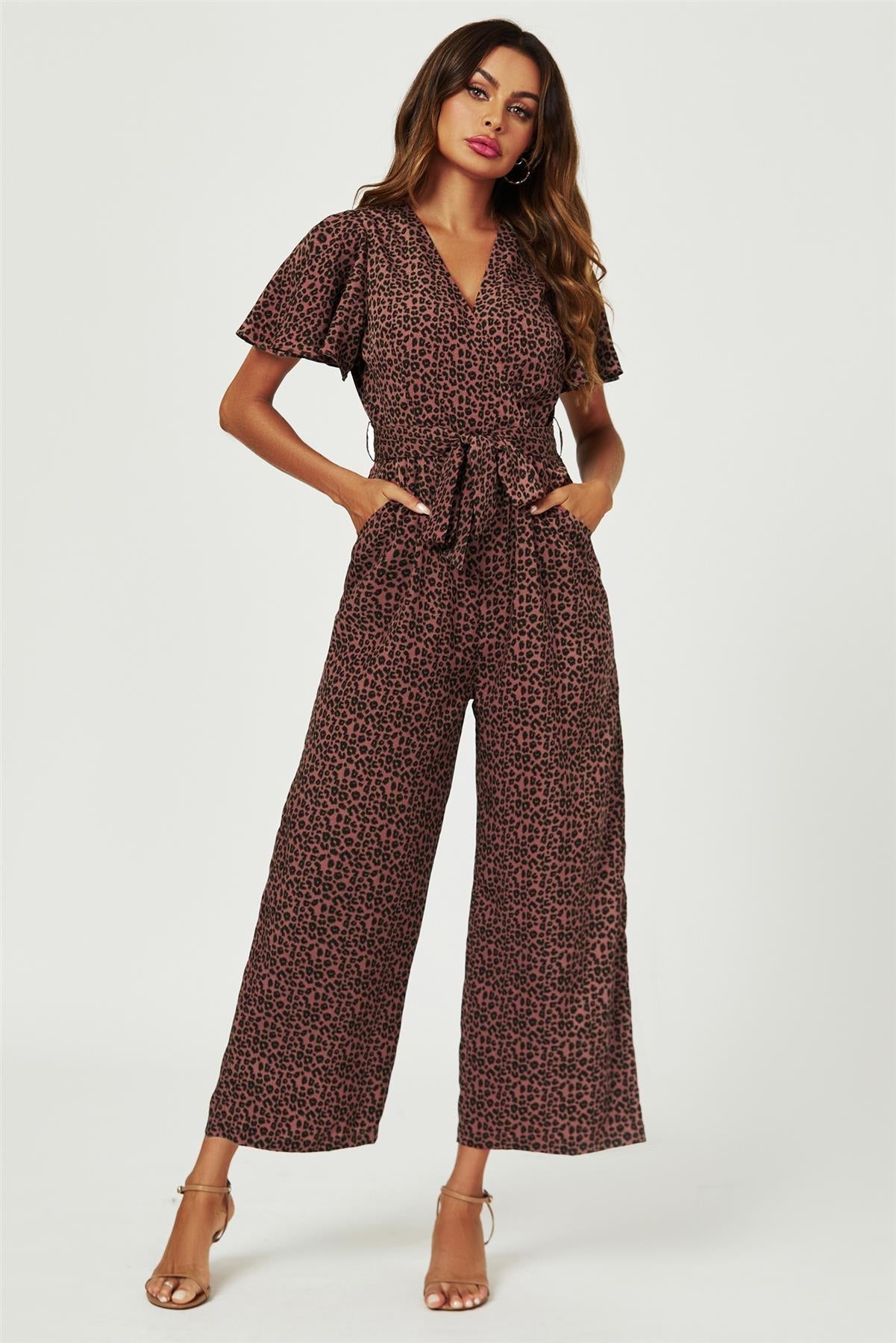 Leopard Print Wrap Top Jumpsuit In Rusty - AXON