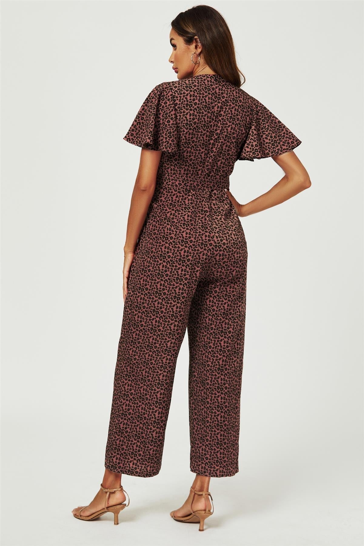 Leopard Print Wrap Top Jumpsuit In Rusty - AXON