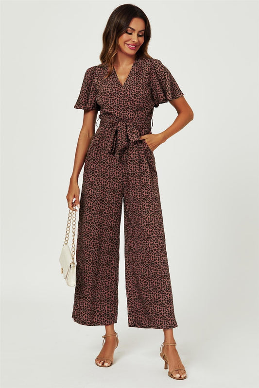 Leopard Print Wrap Top Jumpsuit In Rusty - AXON