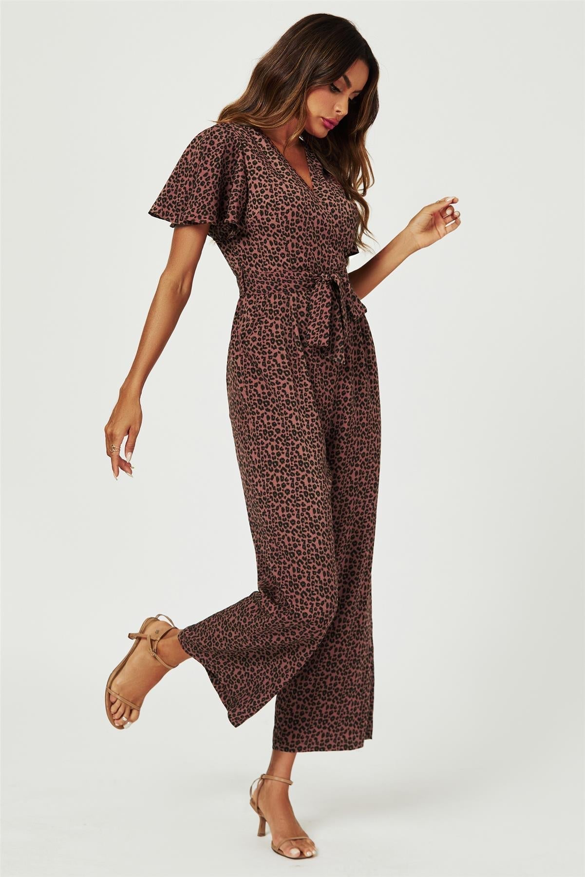 Leopard Print Wrap Top Jumpsuit In Rusty - AXON