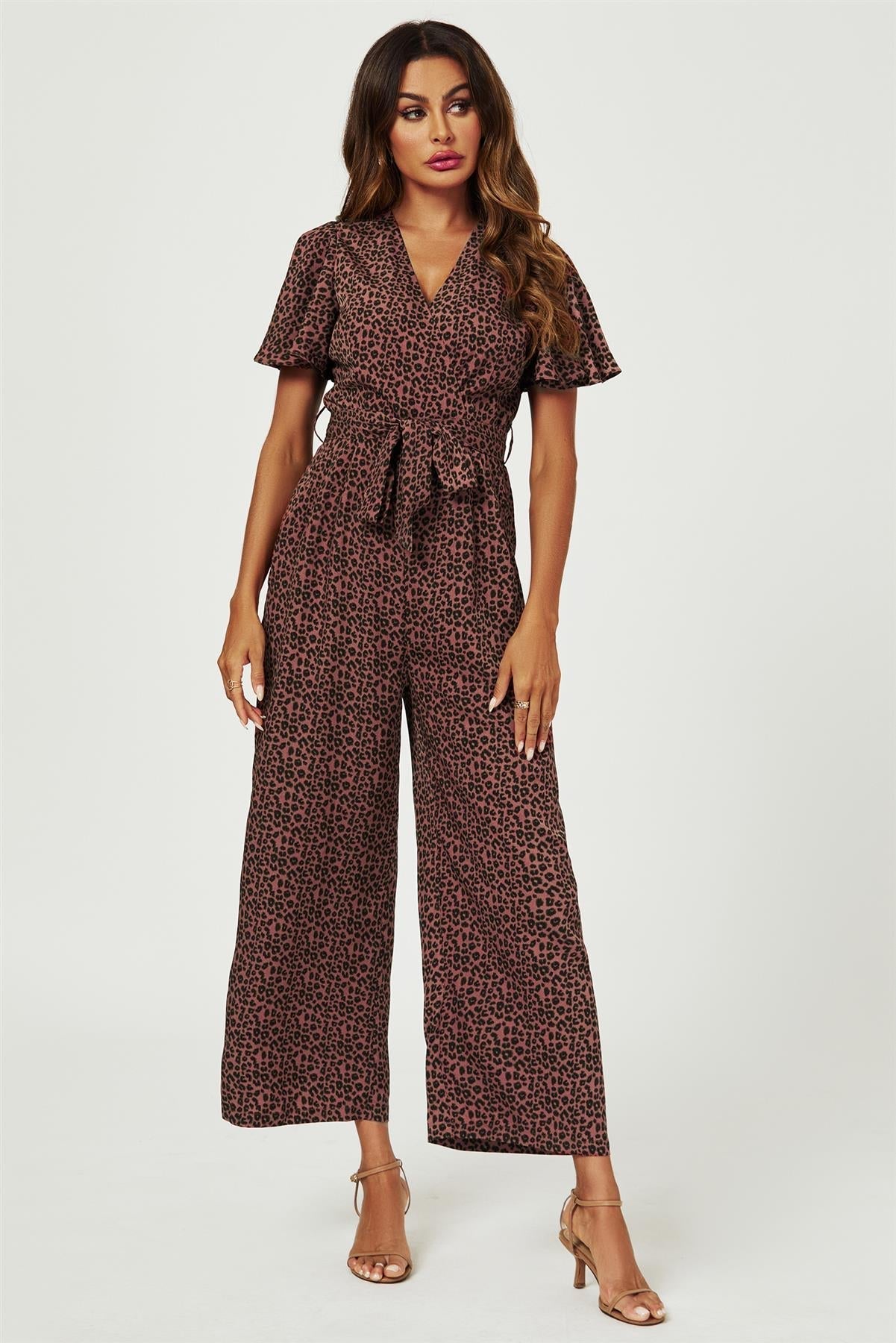 Leopard Print Wrap Top Jumpsuit In Rusty - AXON