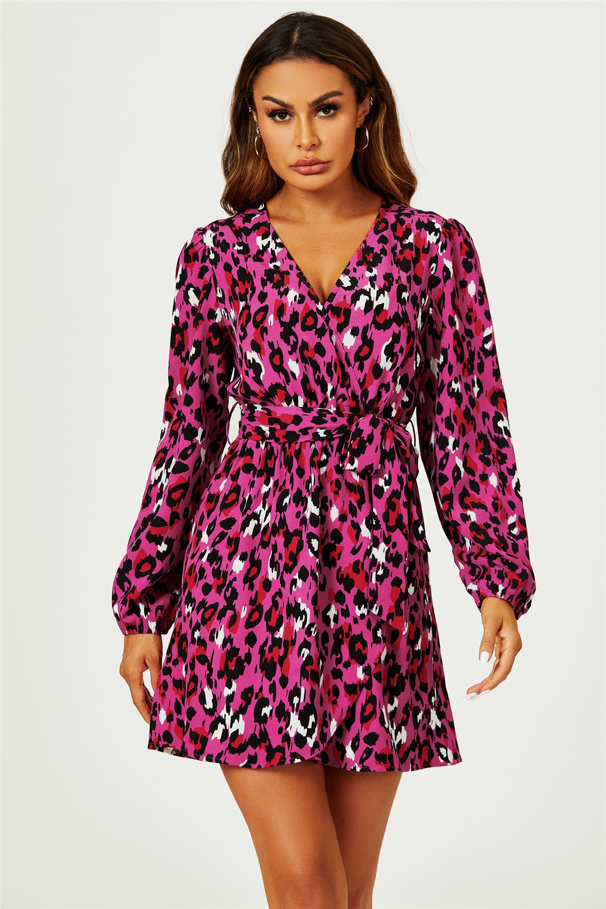 Leopard Print Wrap Top Mini Dress In Magenta - AXON