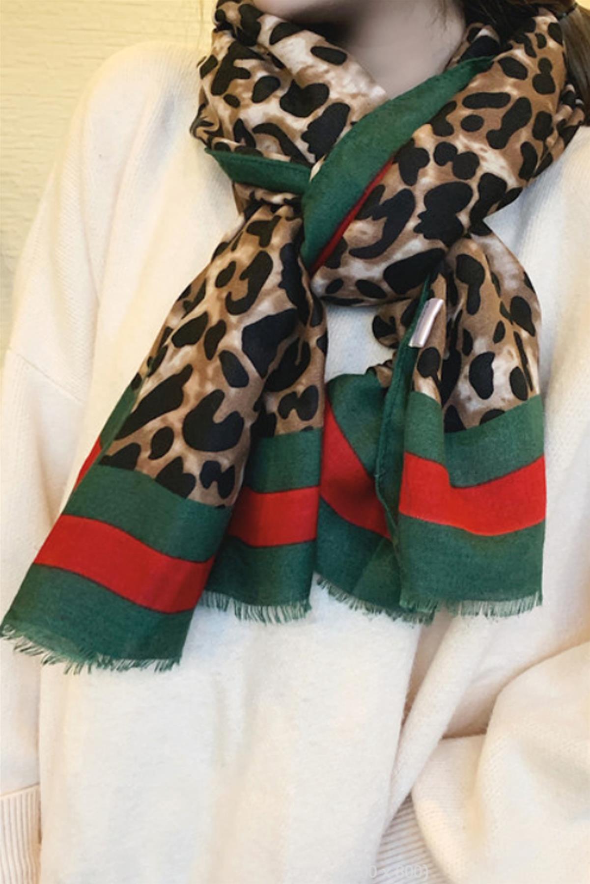 Leopard & Strip Print Fringed edges Scarf In Green & Red - AXON
