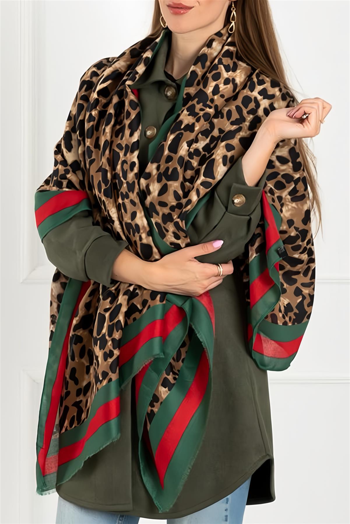 Leopard & Strip Print Fringed edges Scarf In Green & Red - AXON
