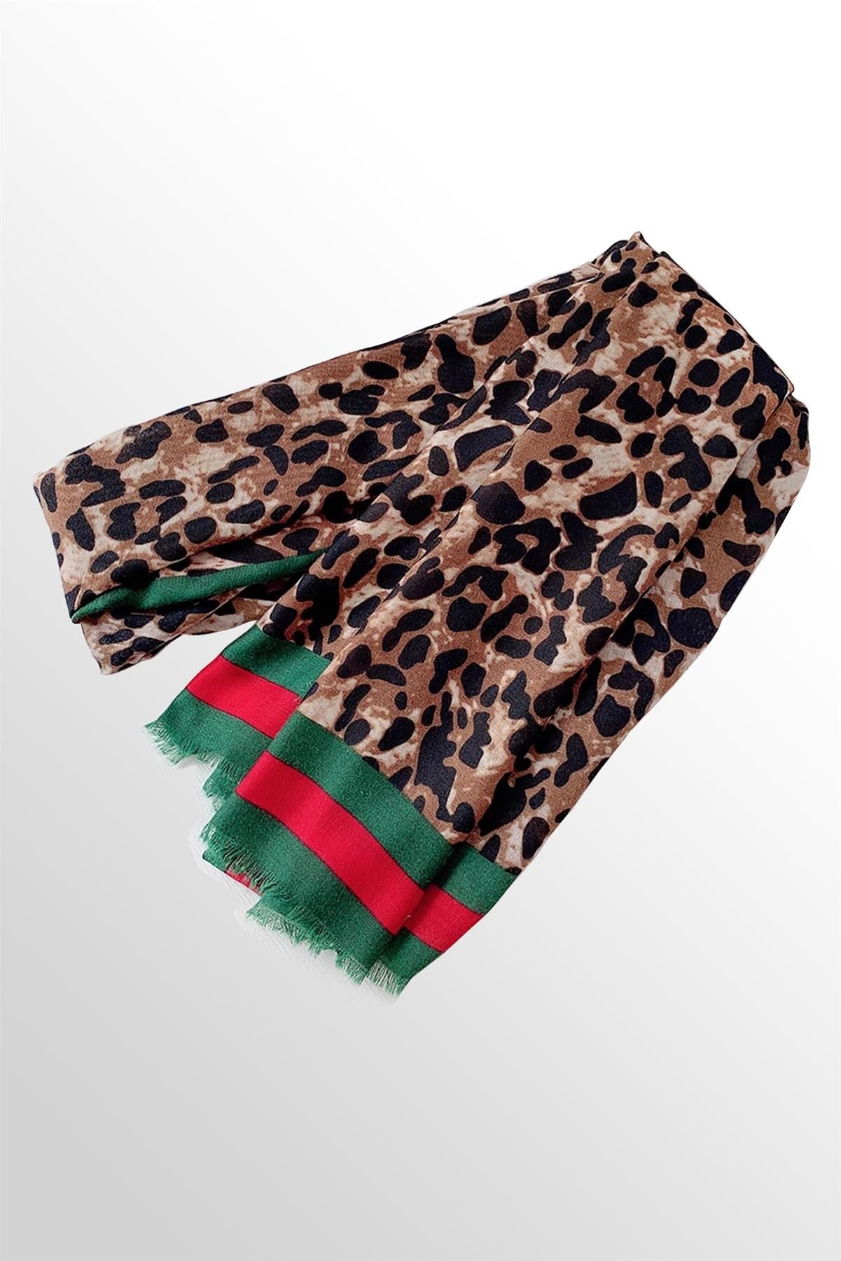 Leopard & Strip Print Fringed edges Scarf In Green & Red - AXON
