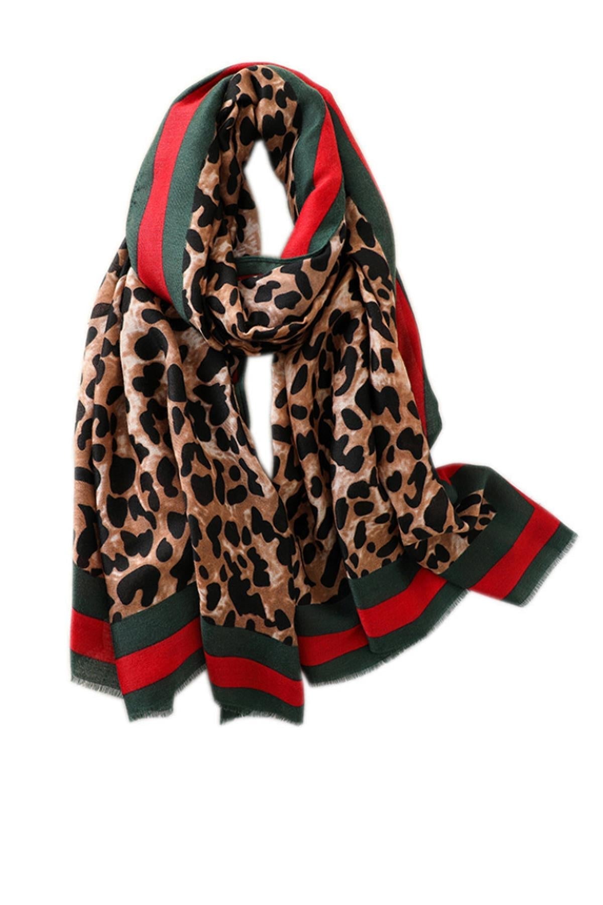 Leopard & Strip Print Fringed edges Scarf In Green & Red - AXON