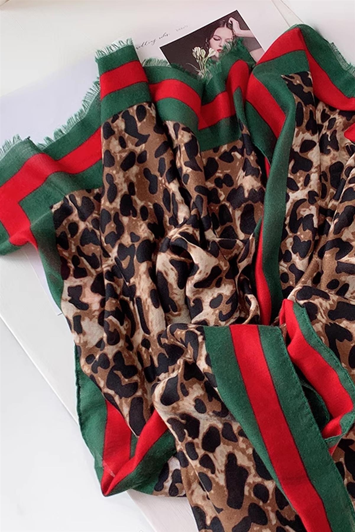 Leopard & Strip Print Fringed edges Scarf In Green & Red - AXON