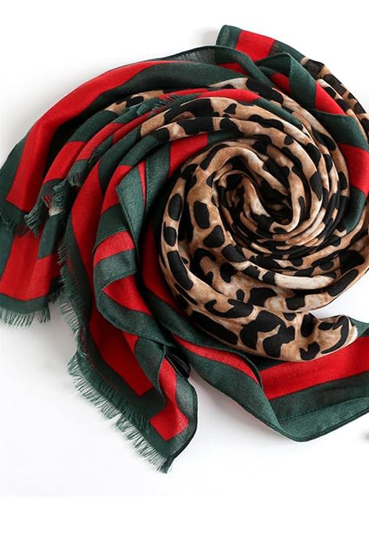 Leopard & Strip Print Fringed edges Scarf In Green & Red - AXON