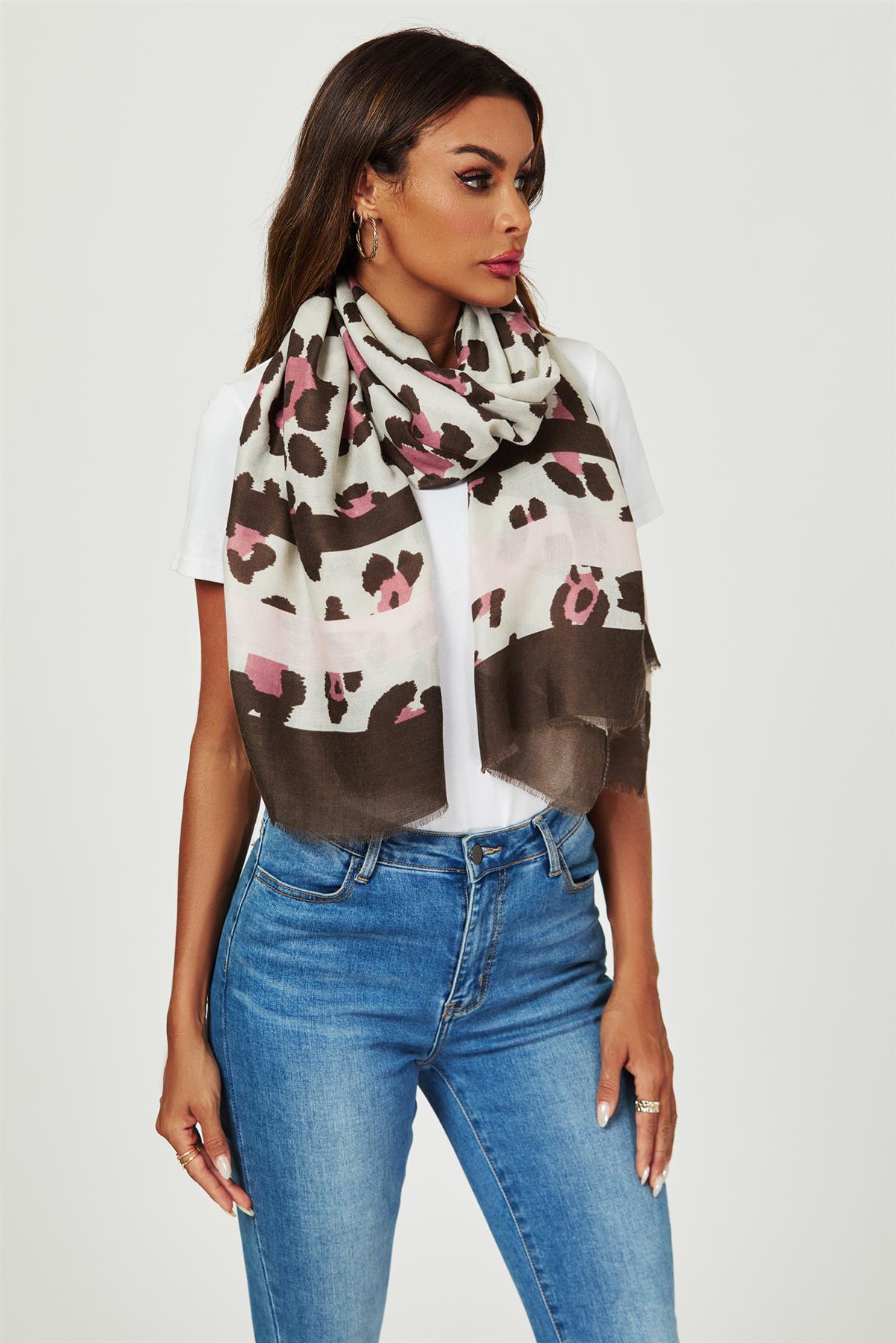 Leopard & Strip Print Fringed edges Scarf In Pink & Black - AXON