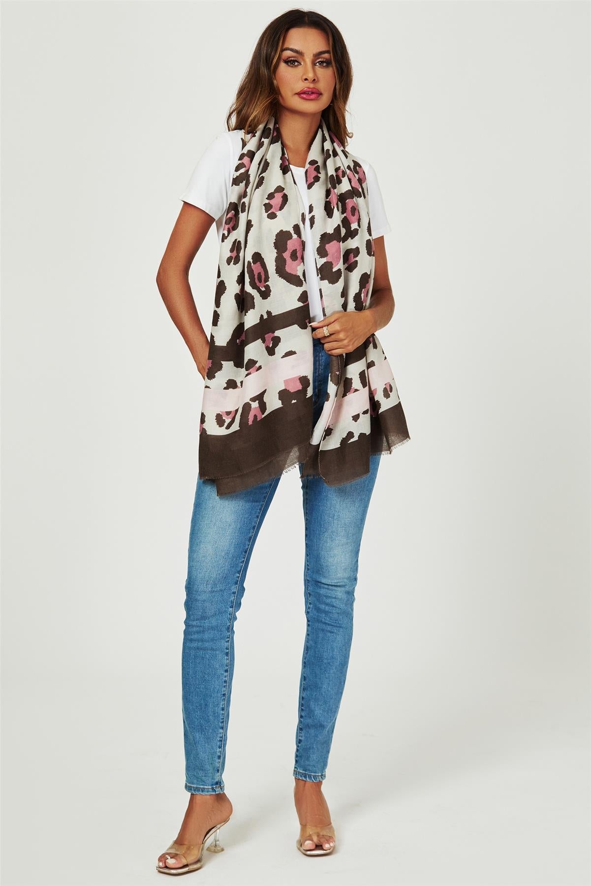Leopard & Strip Print Fringed edges Scarf In Pink & Black - AXON
