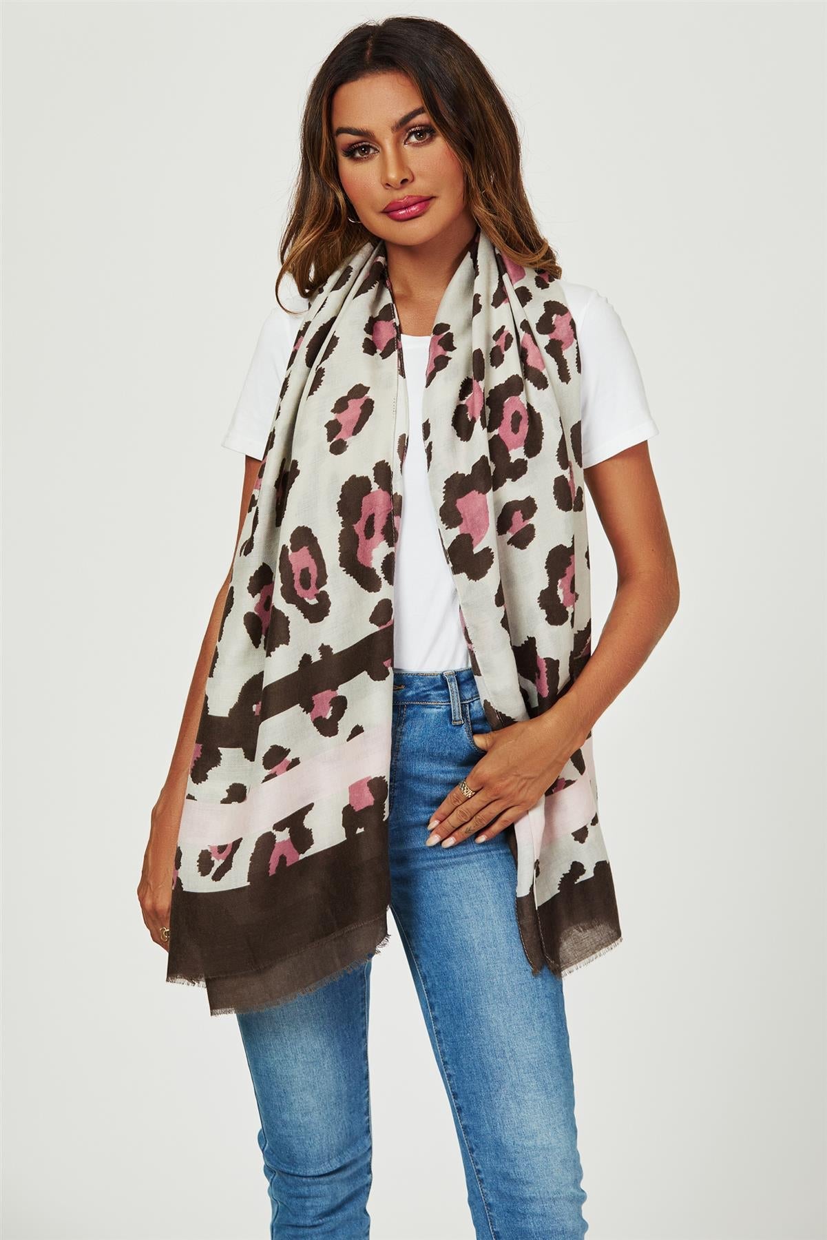 Leopard & Strip Print Fringed edges Scarf In Pink & Black - AXON